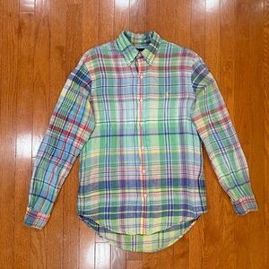 Ralph Lauren Ocean Wash 100% Linen Shirt Mens Small Madras Plaid Coastal Preppy